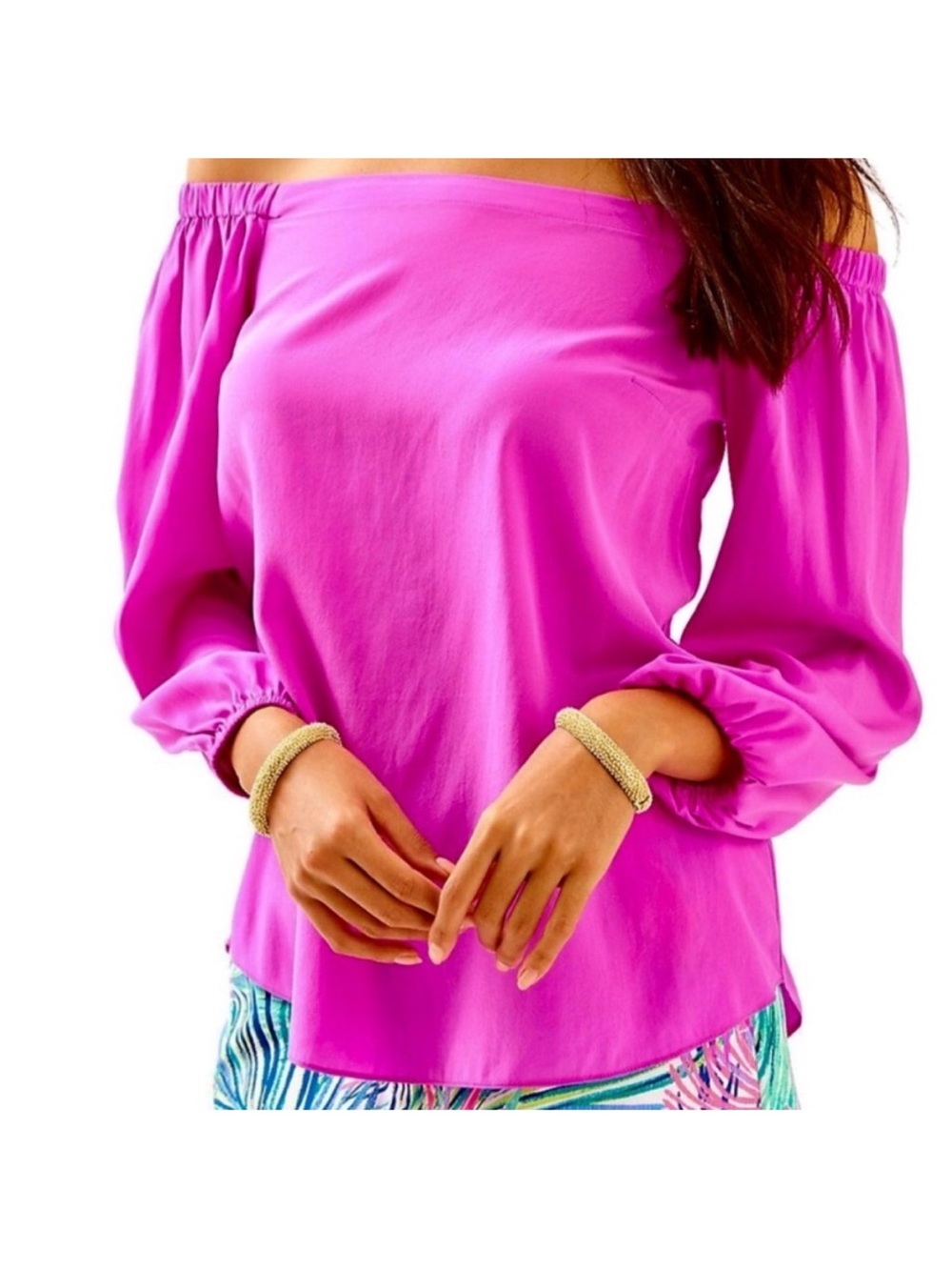 Lilly Pulitzer Silk Vibrant Pink Off-Shoulder Blouse